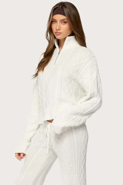 Fika Quarter Zip Cable Knit Sweater - WHITE
