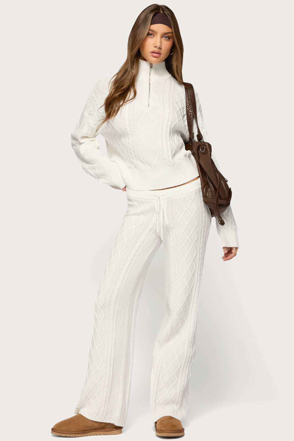 Fika Quarter Zip Cable Knit Sweater - WHITE