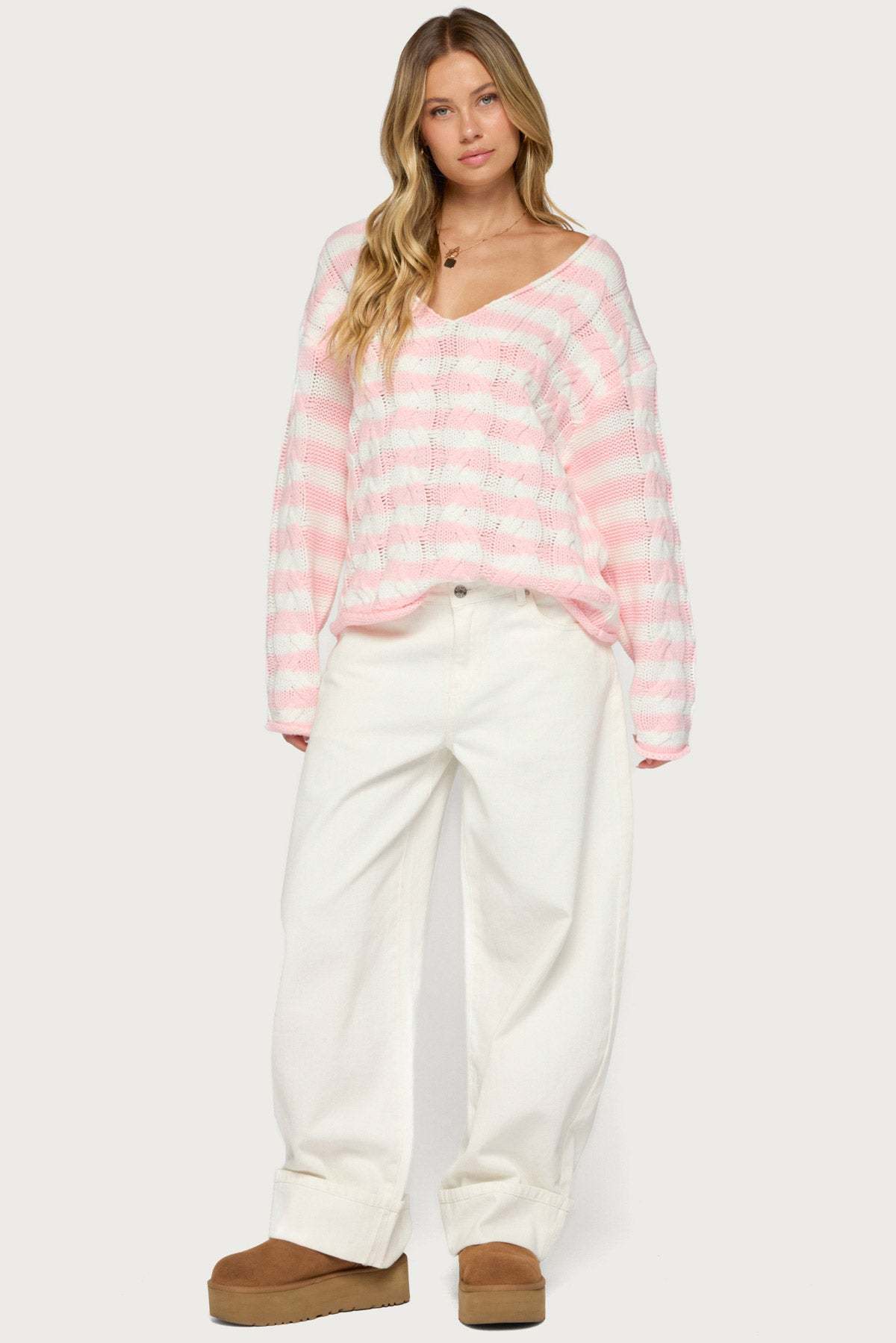 Everleigh Striped Cable Knit Sweater - LIGHT-PINK-AND-WHITE