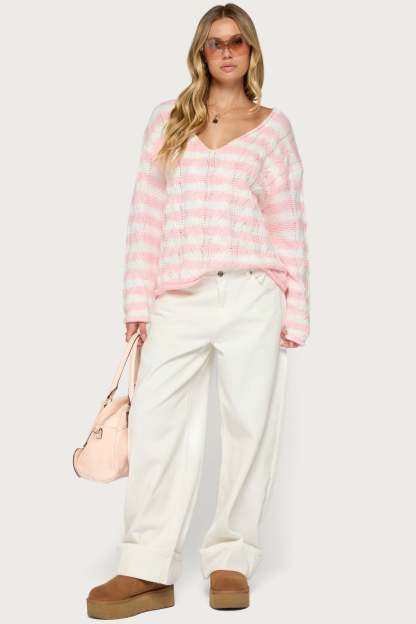 Everleigh Striped Cable Knit Sweater - LIGHT-PINK-AND-WHITE