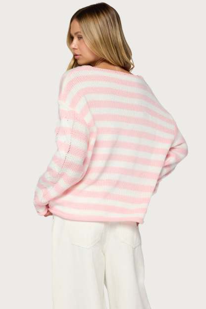 Everleigh Striped Cable Knit Sweater - LIGHT-PINK-AND-WHITE