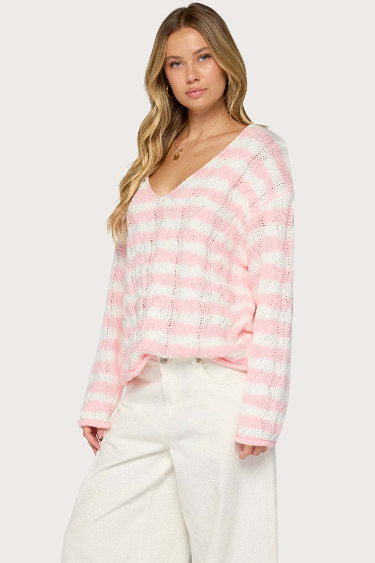 Everleigh Striped Cable Knit Sweater - LIGHT-PINK-AND-WHITE