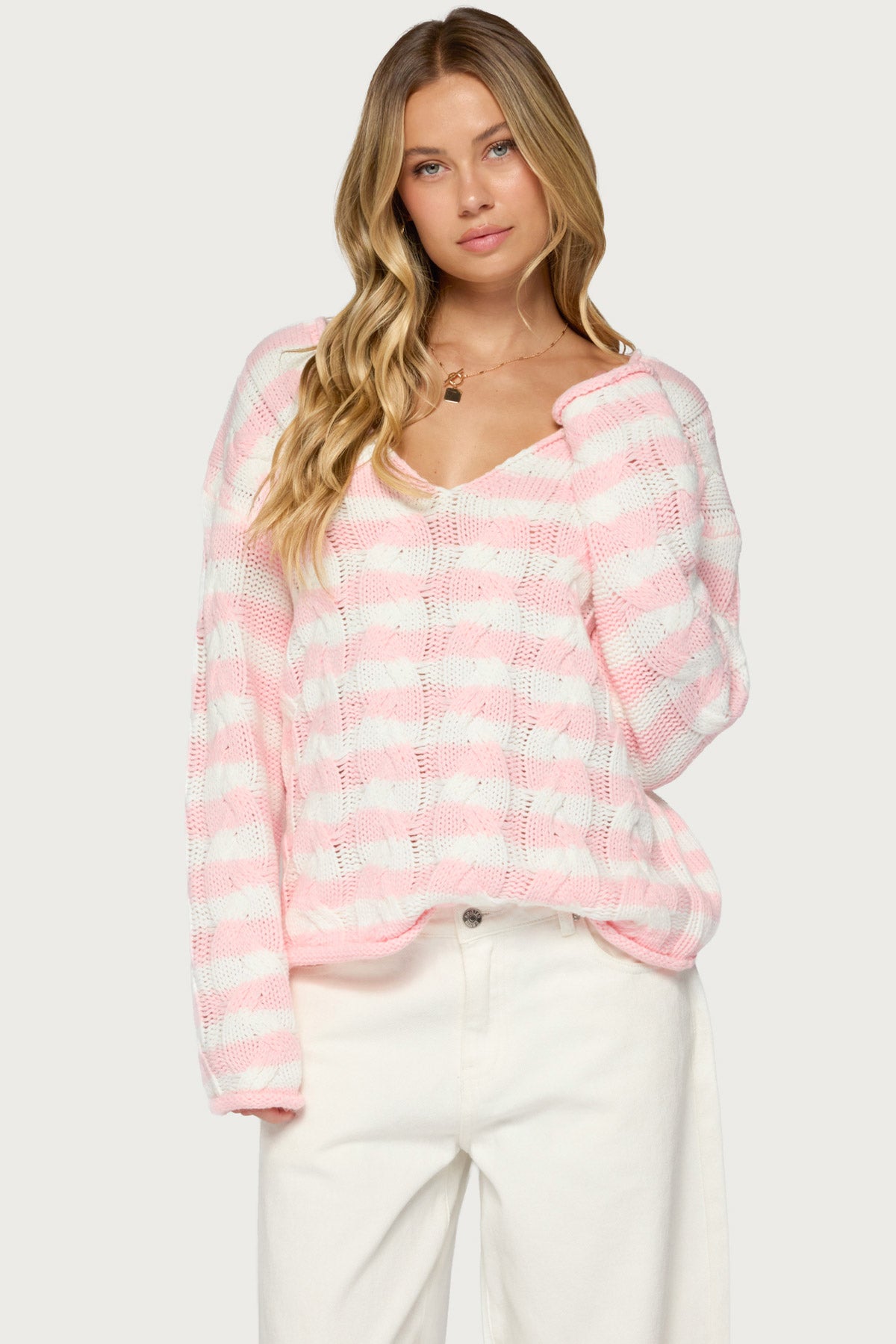 Everleigh Striped Cable Knit Sweater - LIGHT-PINK-AND-WHITE