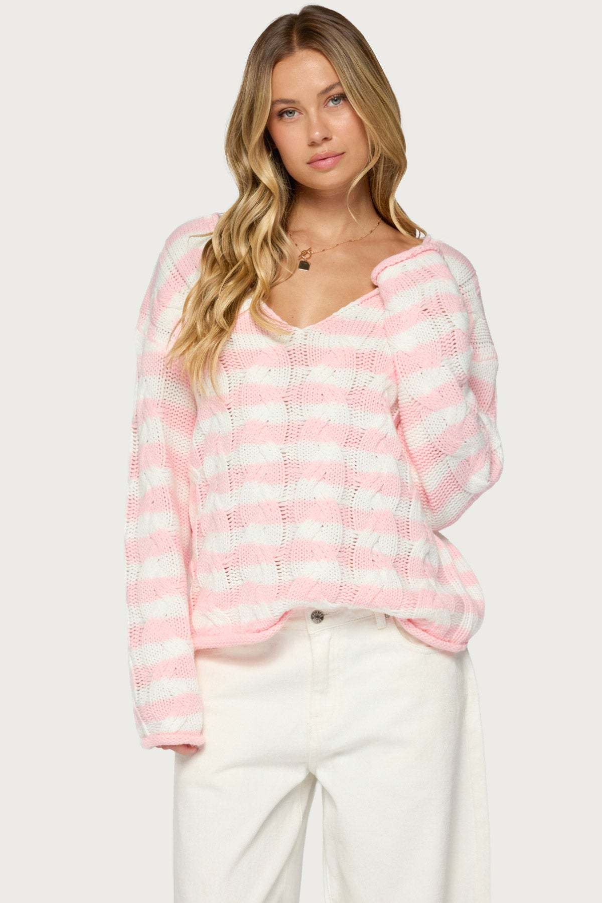 Everleigh Striped Cable Knit Sweater - LIGHT-PINK-AND-WHITE