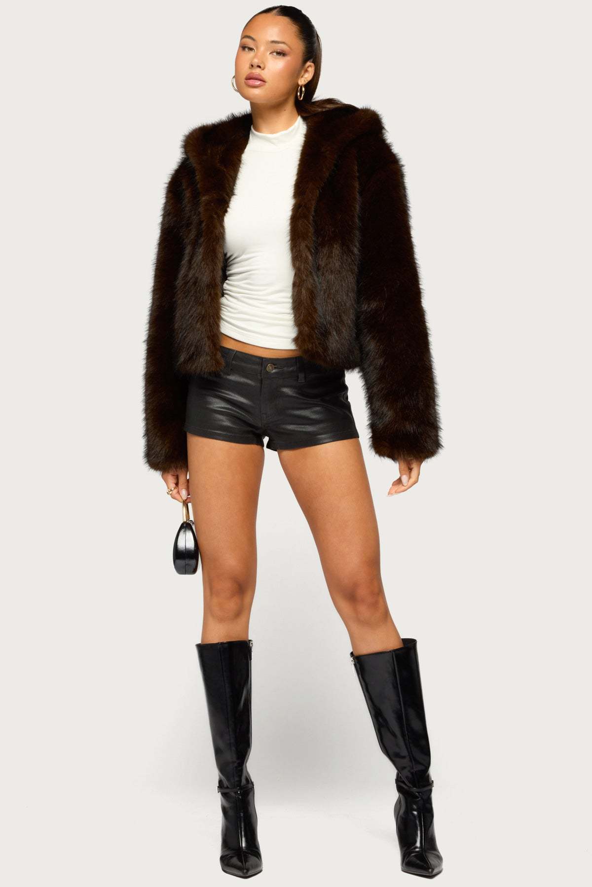 Faylin Hooded Faux Fur Jacket - BROWN
