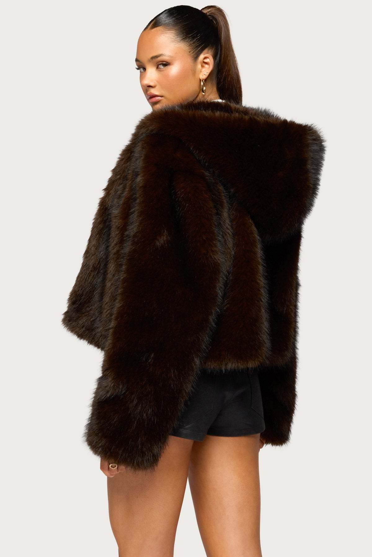 Faylin Hooded Faux Fur Jacket - BROWN