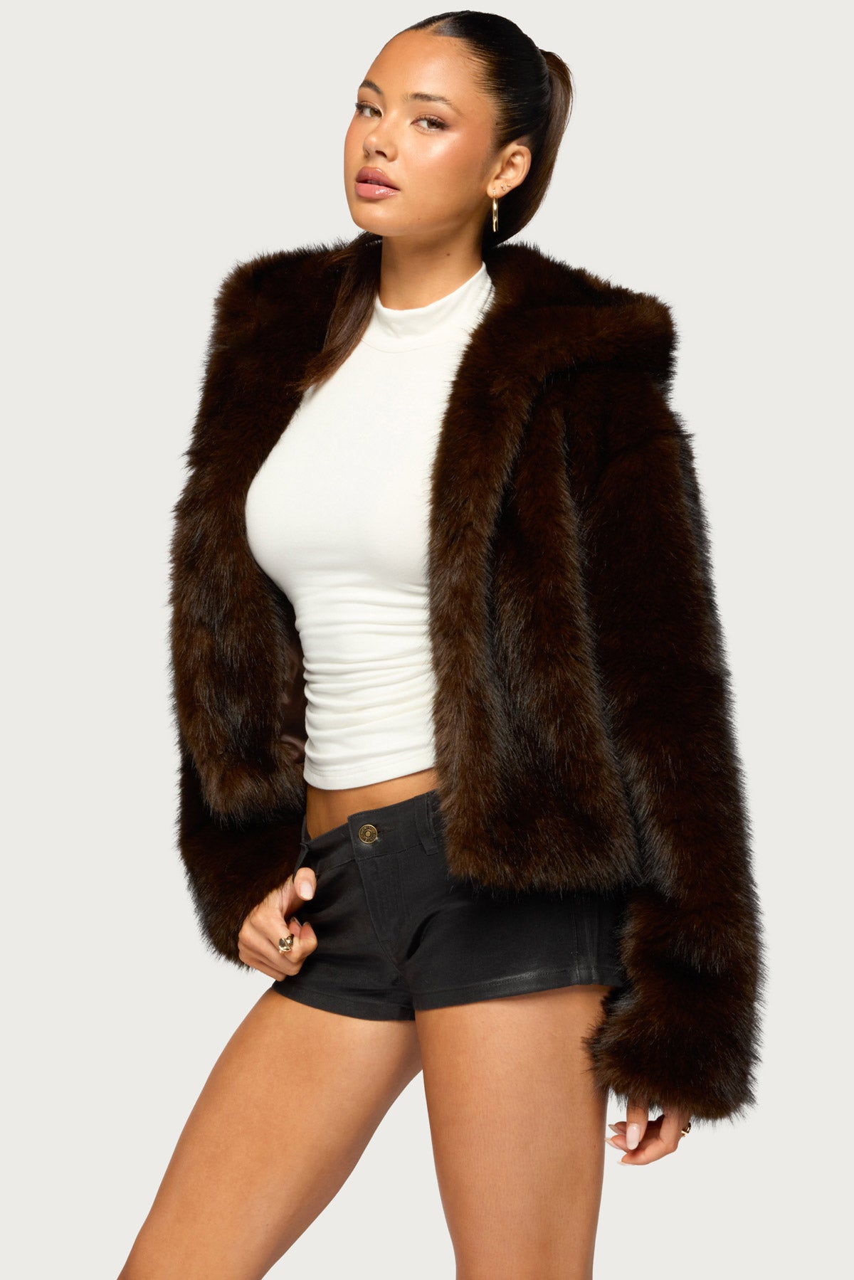 Faylin Hooded Faux Fur Jacket - BROWN
