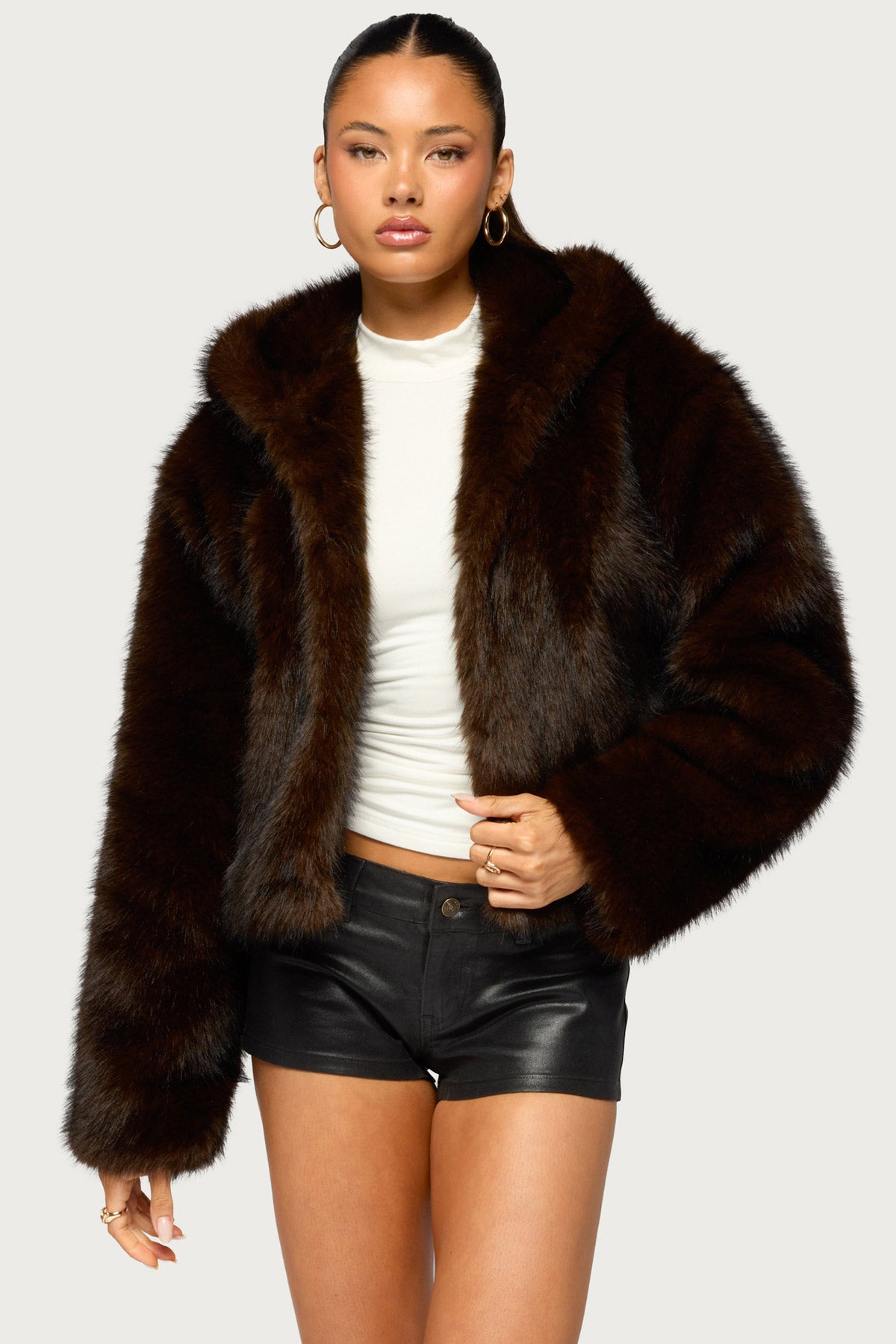 Faylin Hooded Faux Fur Jacket - BROWN