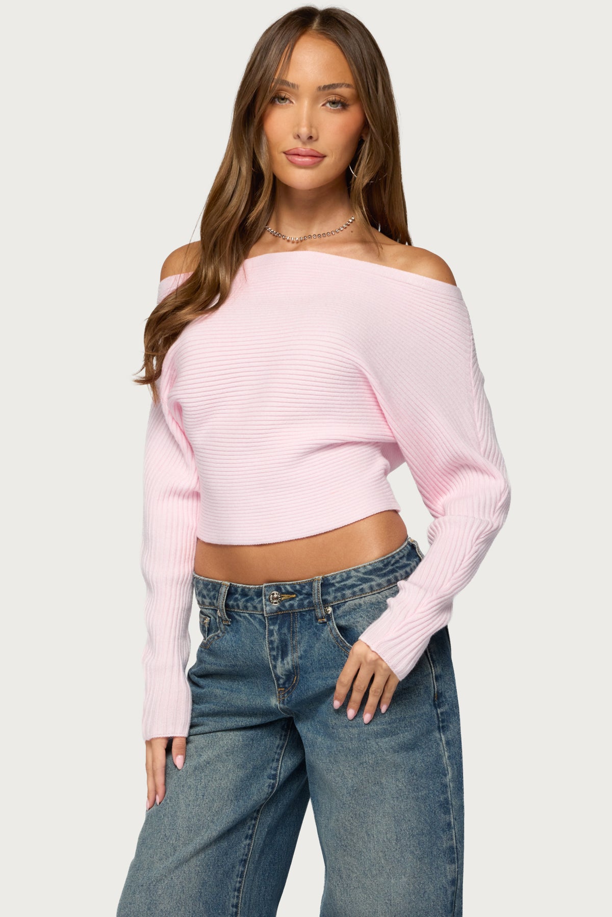Estie Textured Knit Off Shoulder Sweater - LIGHT-PINK