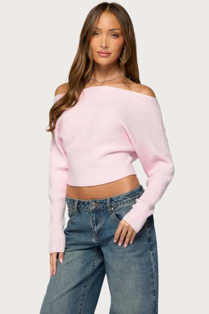 Estie Textured Knit Off Shoulder Sweater - LIGHT-PINK