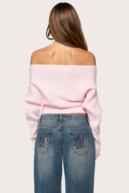 Estie Textured Knit Off Shoulder Sweater - LIGHT-PINK