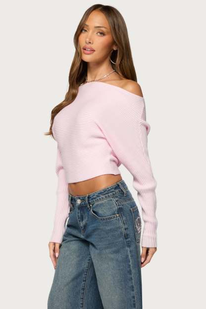 Estie Textured Knit Off Shoulder Sweater - LIGHT-PINK