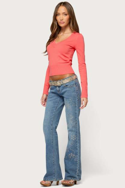 Feira V Neck Knit Sweater - CORAL