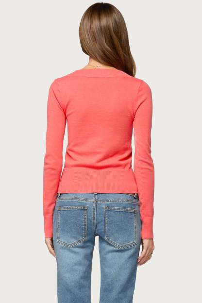 Feira V Neck Knit Sweater - CORAL