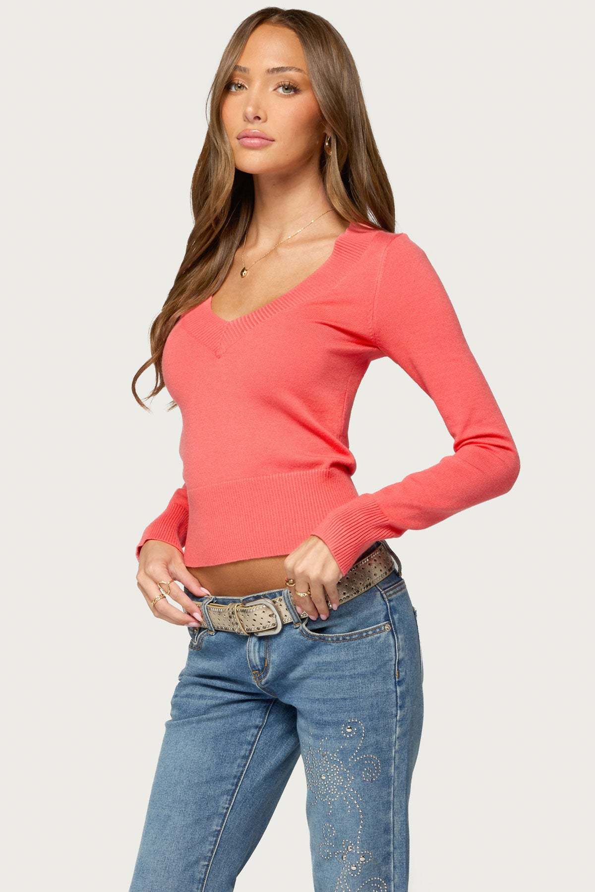 Feira V Neck Knit Sweater - CORAL