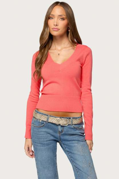 Feira V Neck Knit Sweater - CORAL
