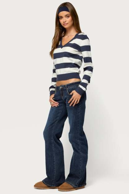 Austen Striped V Neck Sweater - NAVY-AND-WHITE