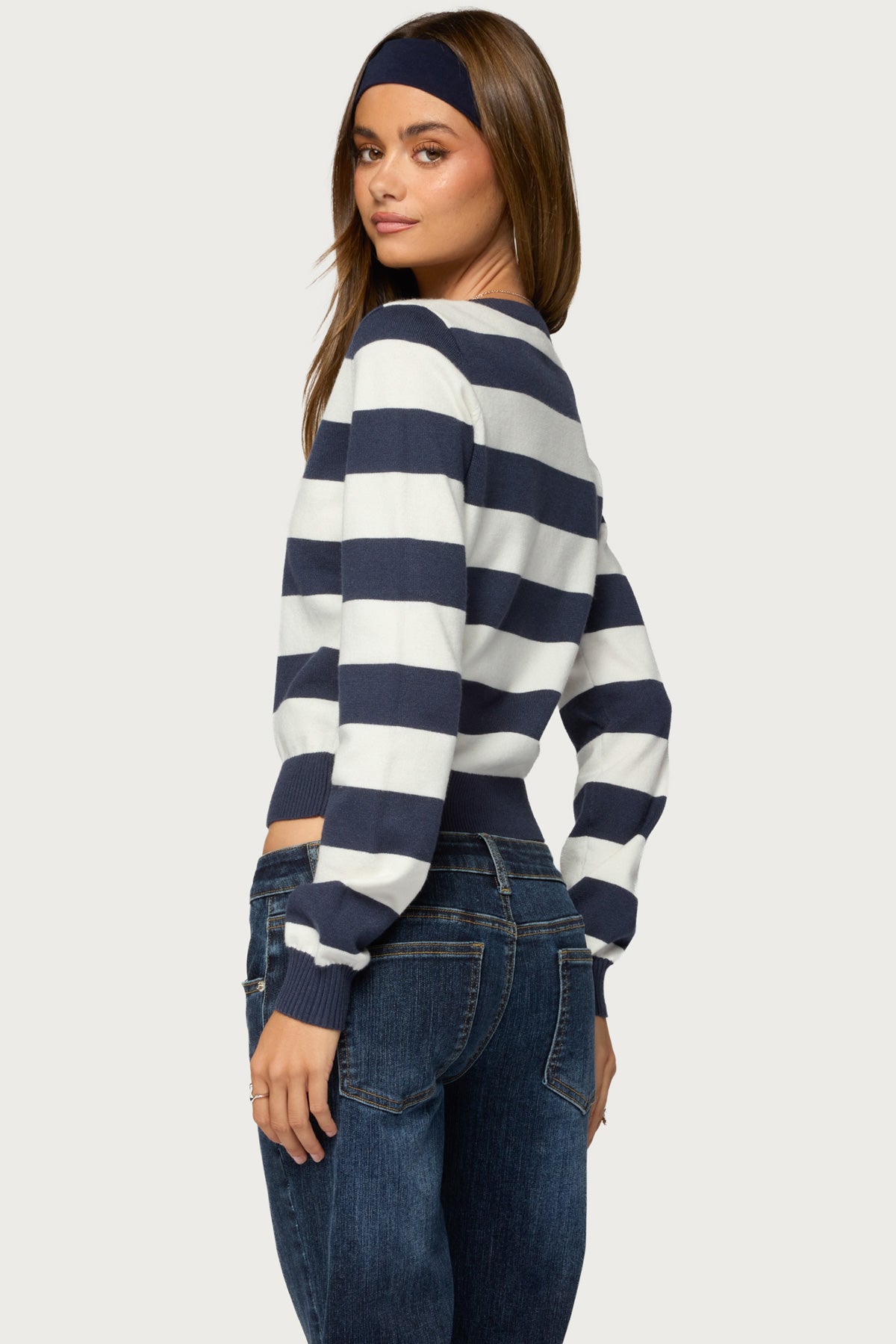 Austen Striped V Neck Sweater - NAVY-AND-WHITE