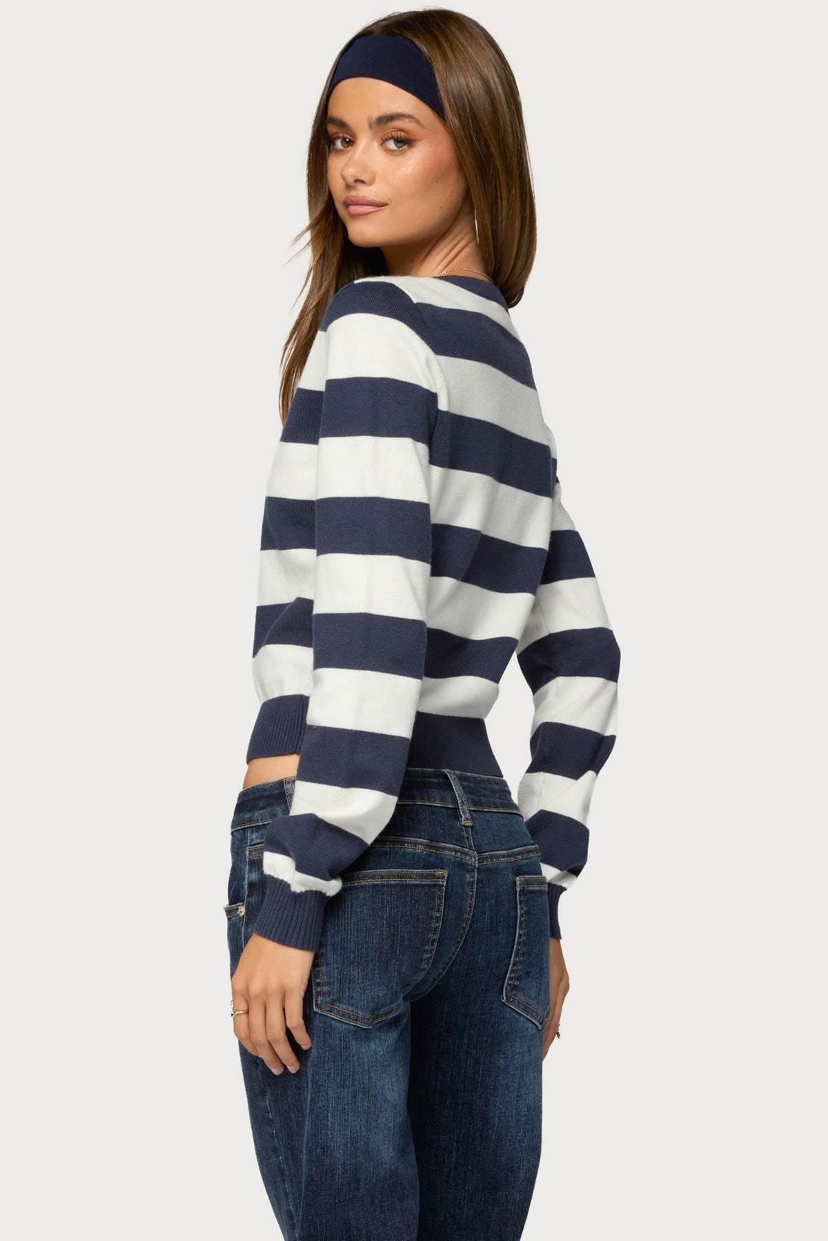 Austen Striped V Neck Sweater - NAVY-AND-WHITE