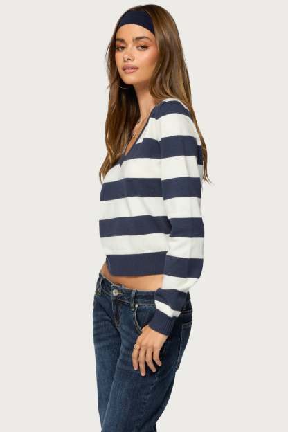 Austen Striped V Neck Sweater - NAVY-AND-WHITE