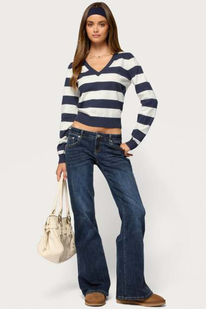 Austen Striped V Neck Sweater - NAVY-AND-WHITE