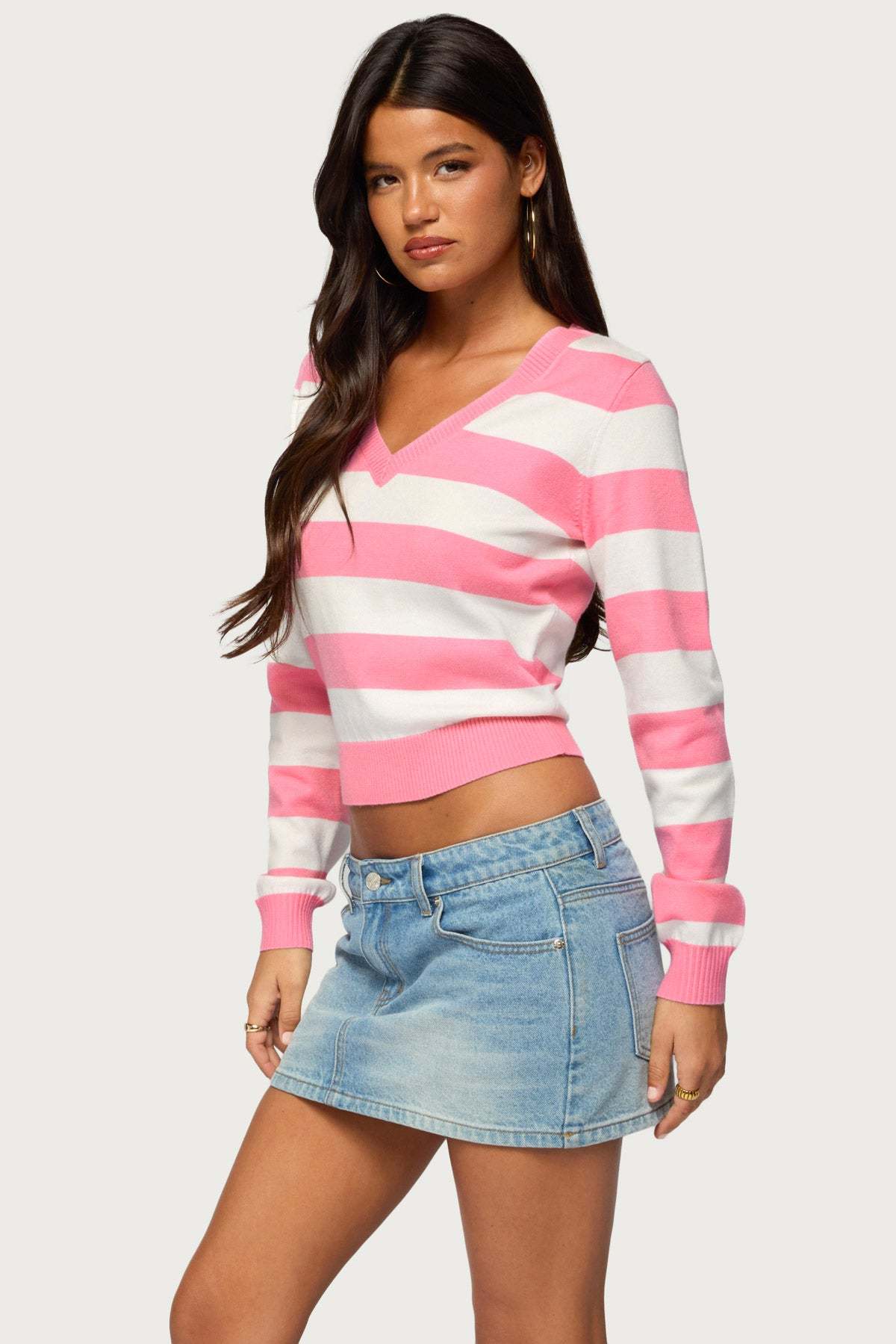 Austen Striped V Neck Sweater - PINK-AND-WHITE