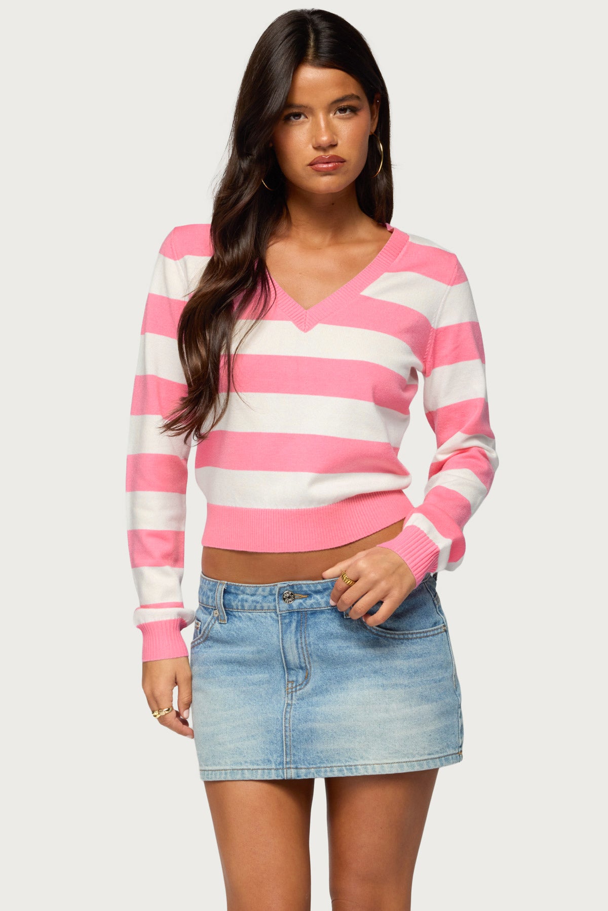 Austen Striped V Neck Sweater - PINK-AND-WHITE