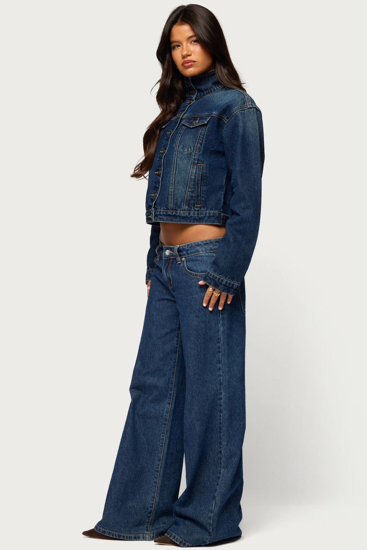 Tamy High Neck Denim Jacket - BLUE-WASHED