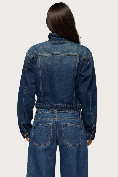 Tamy High Neck Denim Jacket - BLUE-WASHED