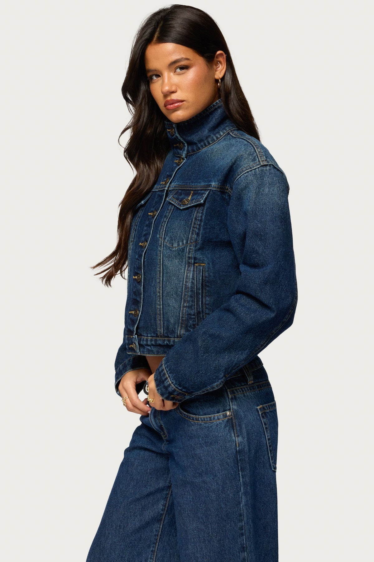Tamy High Neck Denim Jacket - BLUE-WASHED