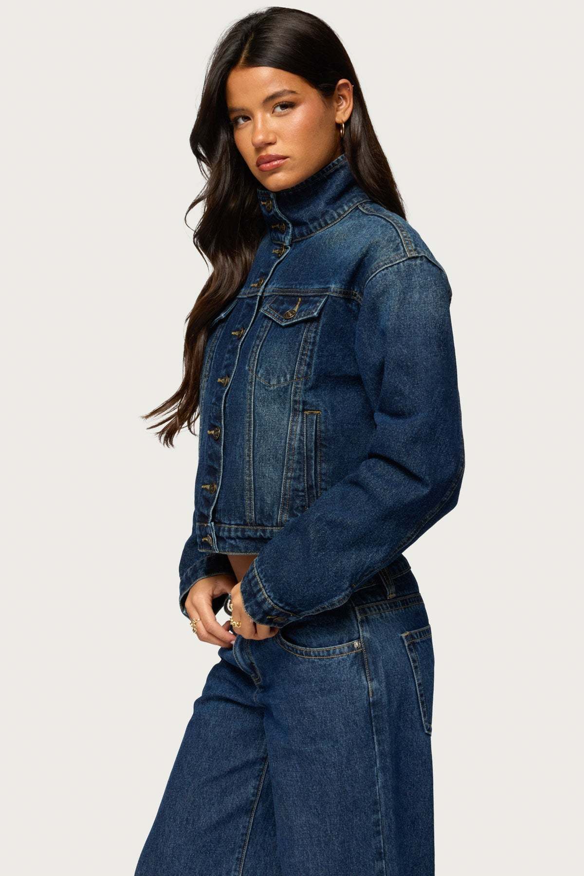 Tamy High Neck Denim Jacket - BLUE-WASHED