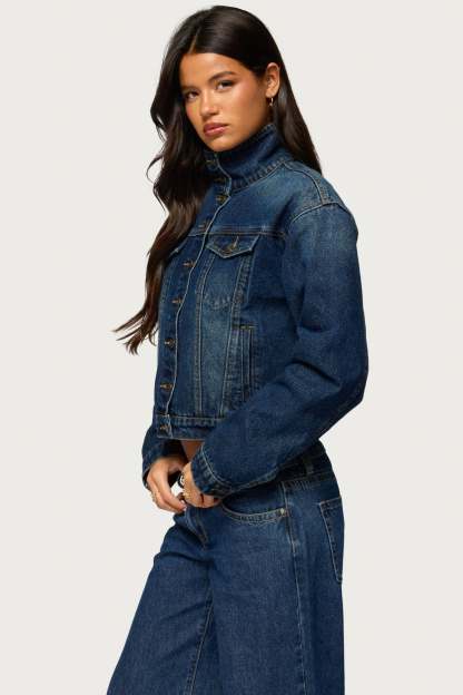 Tamy High Neck Denim Jacket - BLUE-WASHED