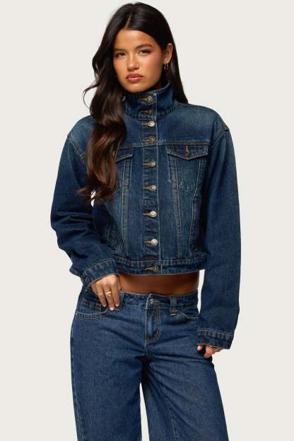 Tamy High Neck Denim Jacket - BLUE-WASHED