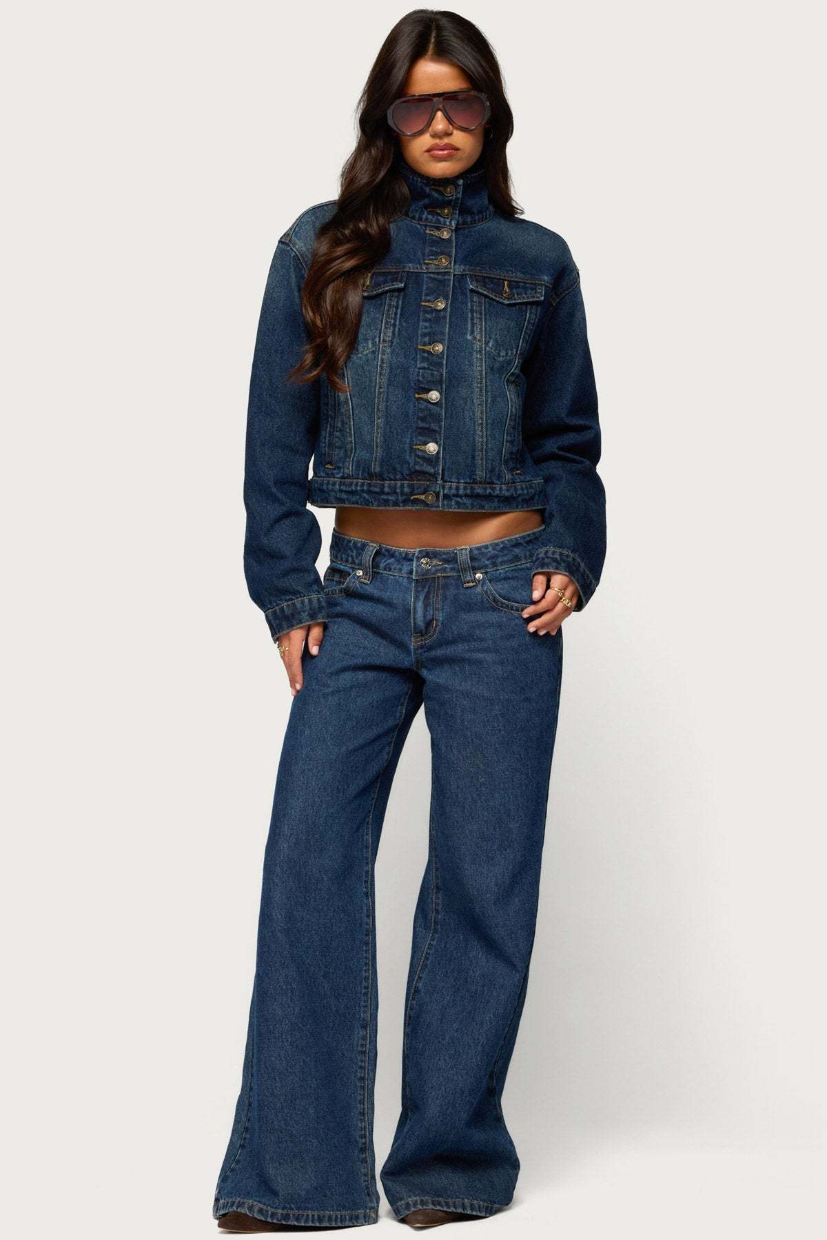 Tamy High Neck Denim Jacket - BLUE-WASHED
