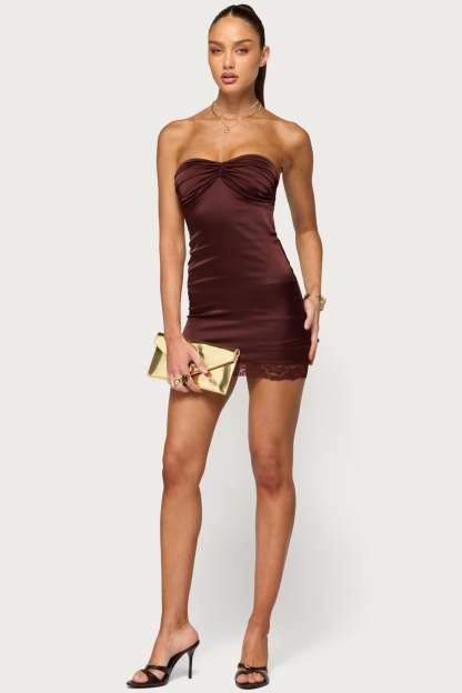 Gordie Strapless Satin Effect Mini Dress - BROWN
