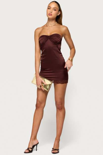 Gordie Strapless Satin Effect Mini Dress - BROWN