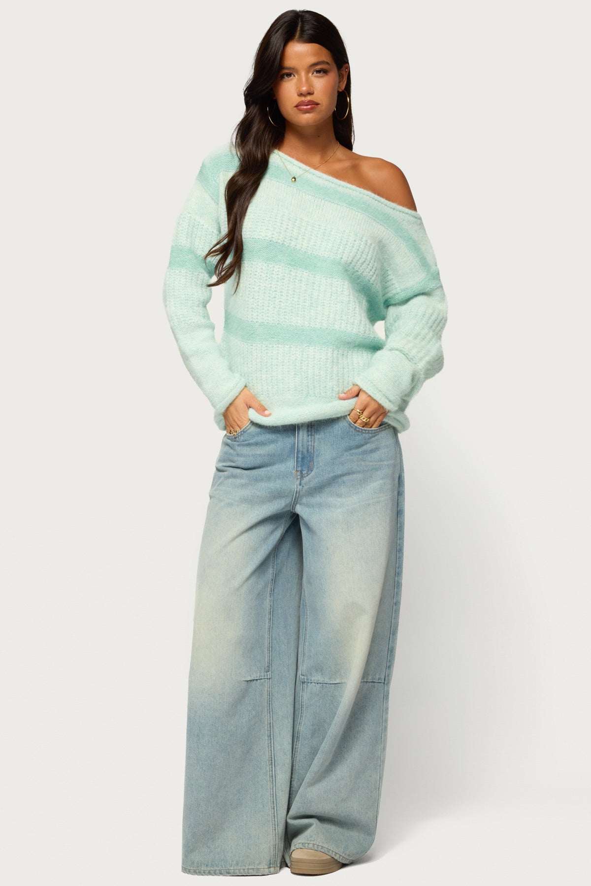 Sheree Striped Chunky Knit Sweater - TEAL