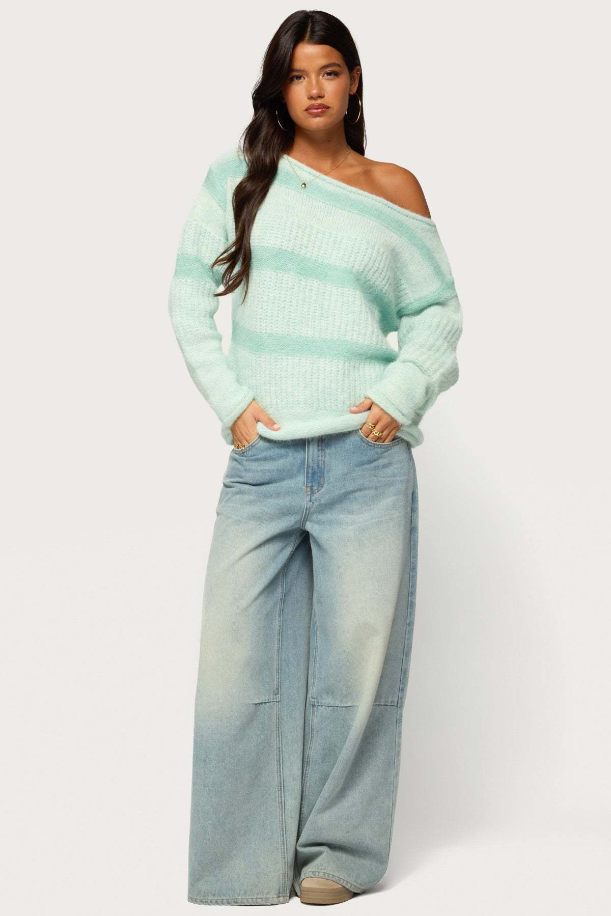 Sheree Striped Chunky Knit Sweater - TEAL