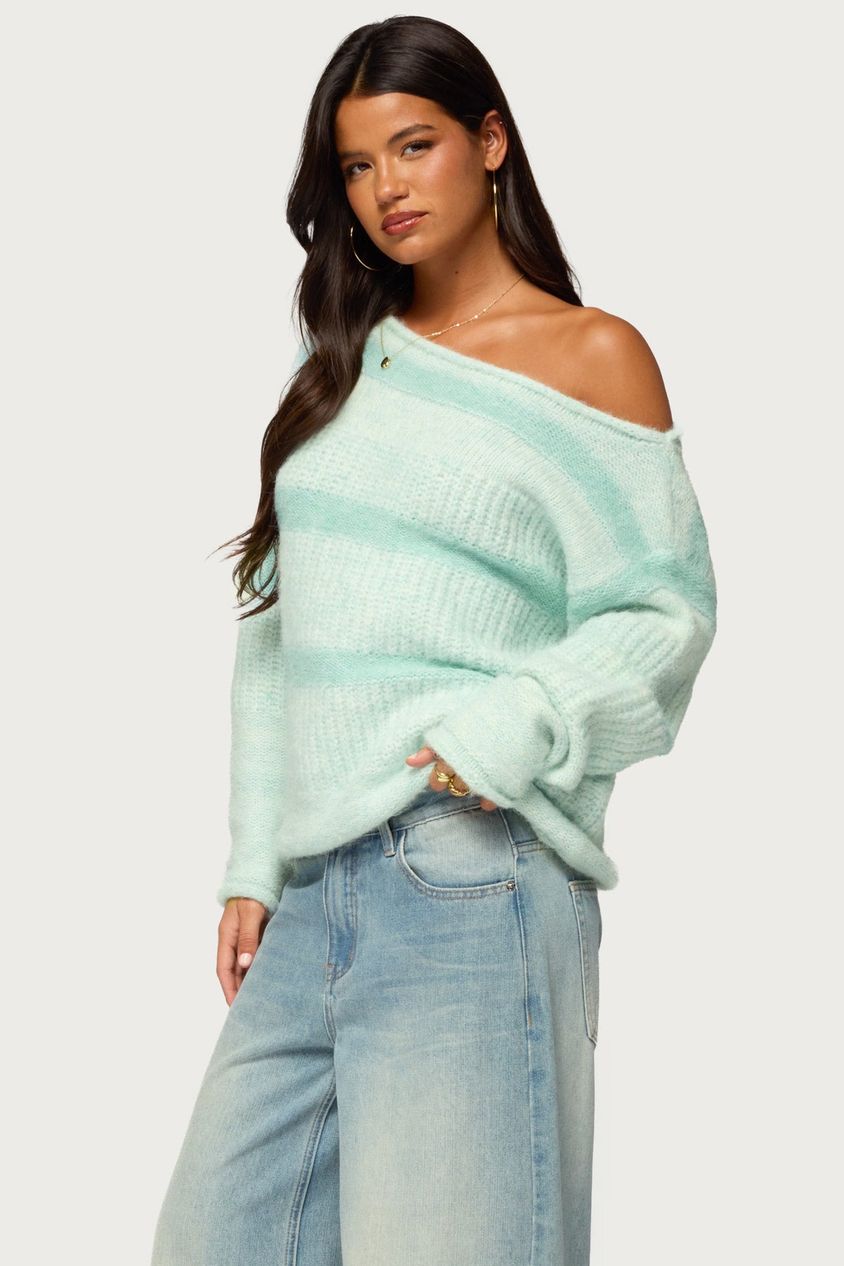 Sheree Striped Chunky Knit Sweater - TEAL