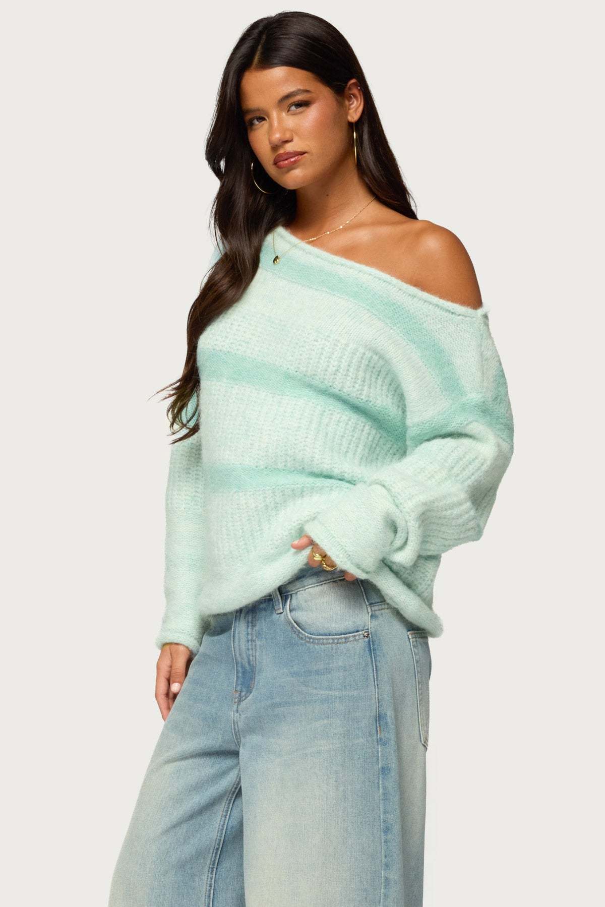 Sheree Striped Chunky Knit Sweater - TEAL
