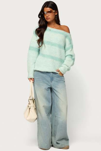 Sheree Striped Chunky Knit Sweater - TEAL