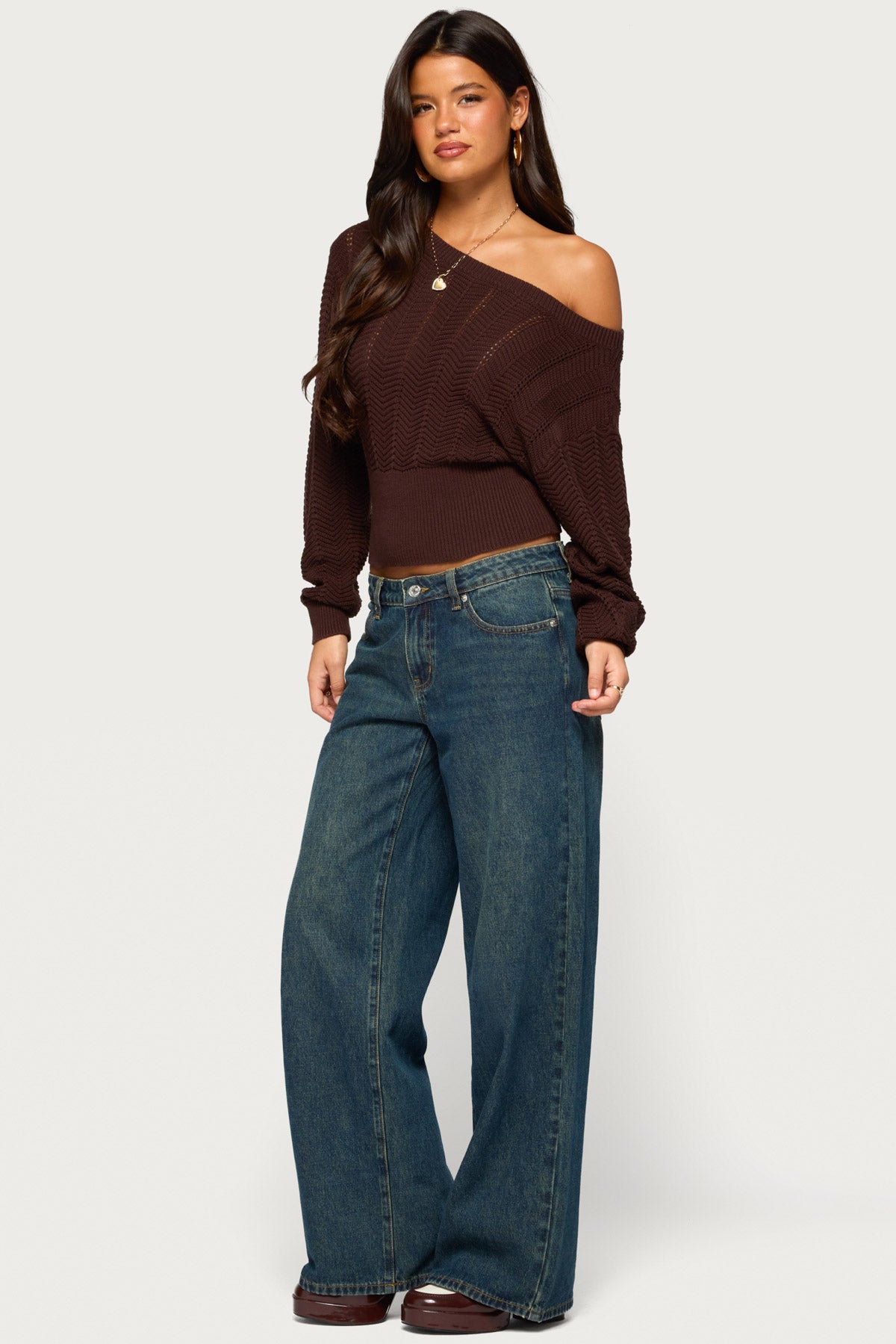 Grasey Off Shoulder Knit Sweater - BROWN