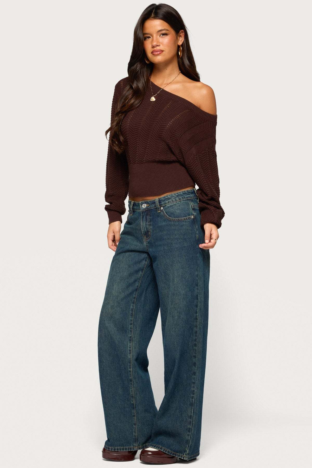 Grasey Off Shoulder Knit Sweater - BROWN