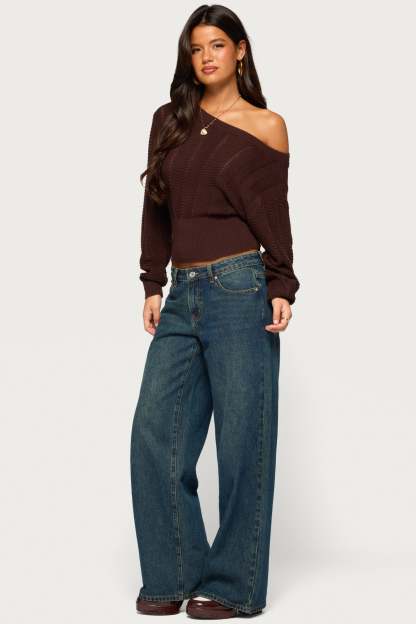 Grasey Off Shoulder Knit Sweater - BROWN