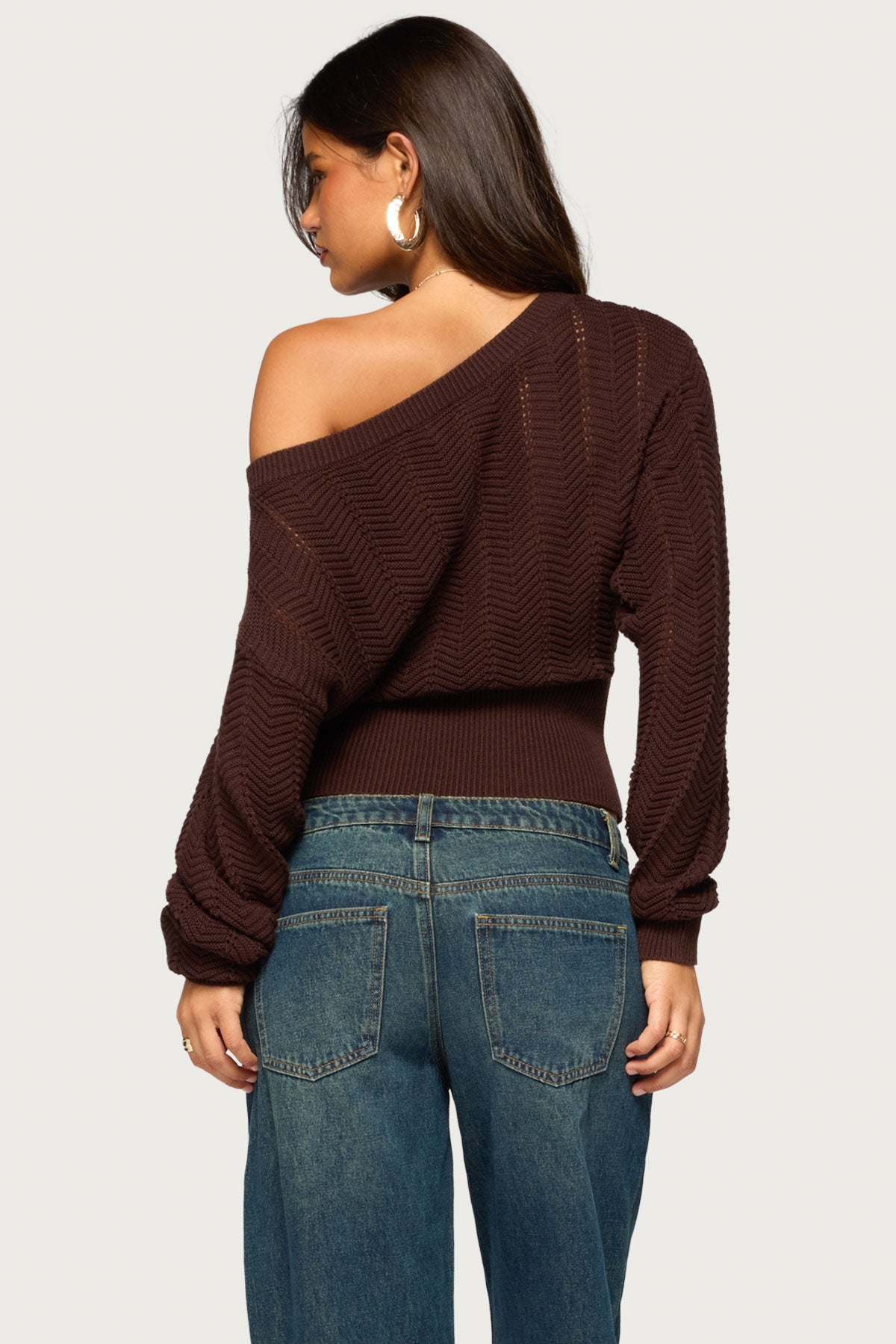 Grasey Off Shoulder Knit Sweater - BROWN