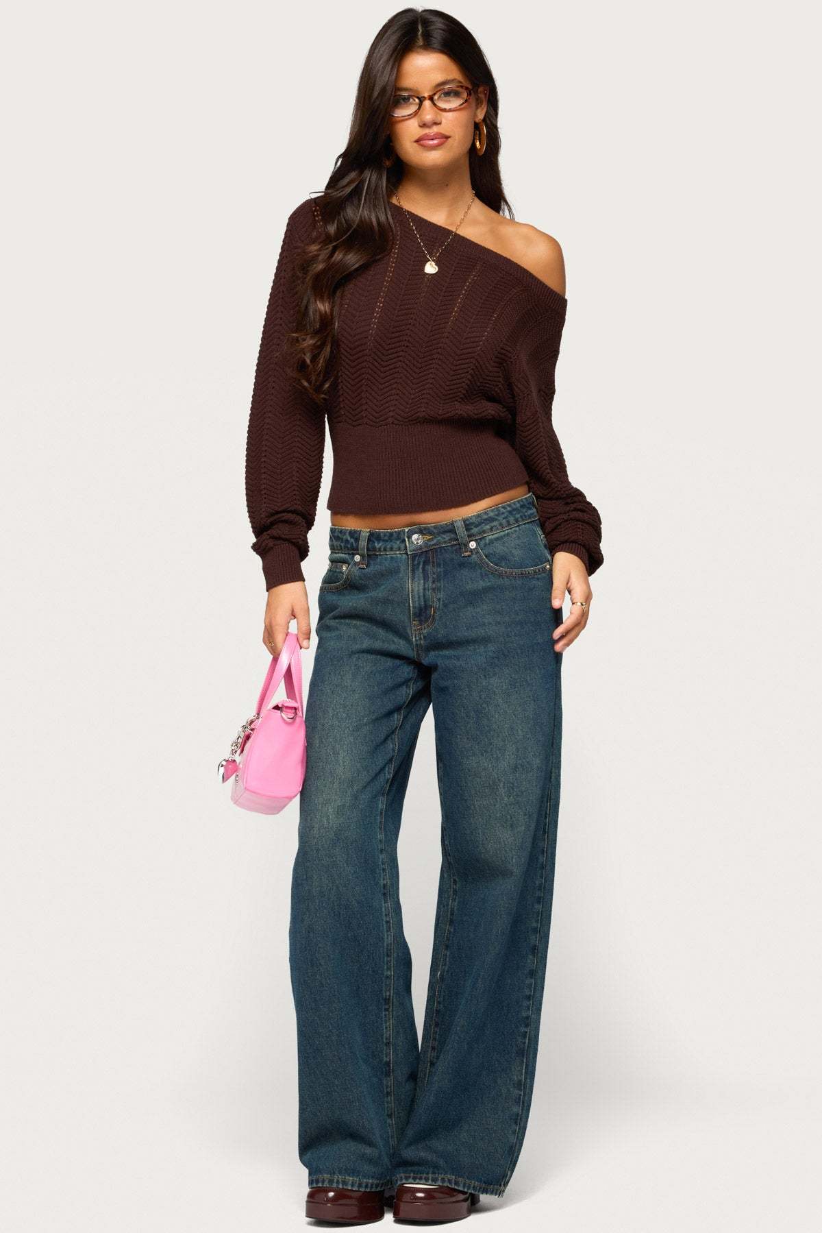 Grasey Off Shoulder Knit Sweater - BROWN