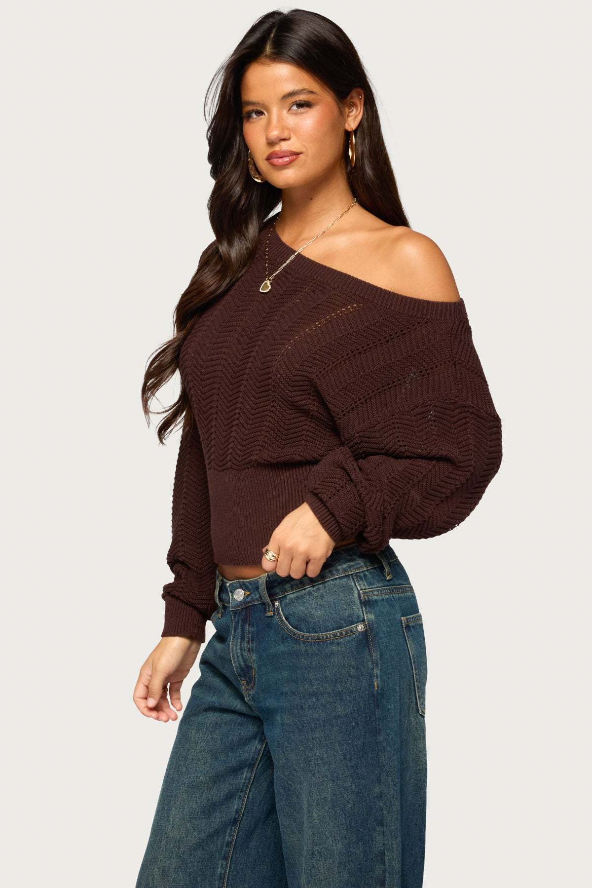 Grasey Off Shoulder Knit Sweater - BROWN
