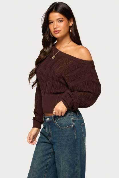 Grasey Off Shoulder Knit Sweater - BROWN