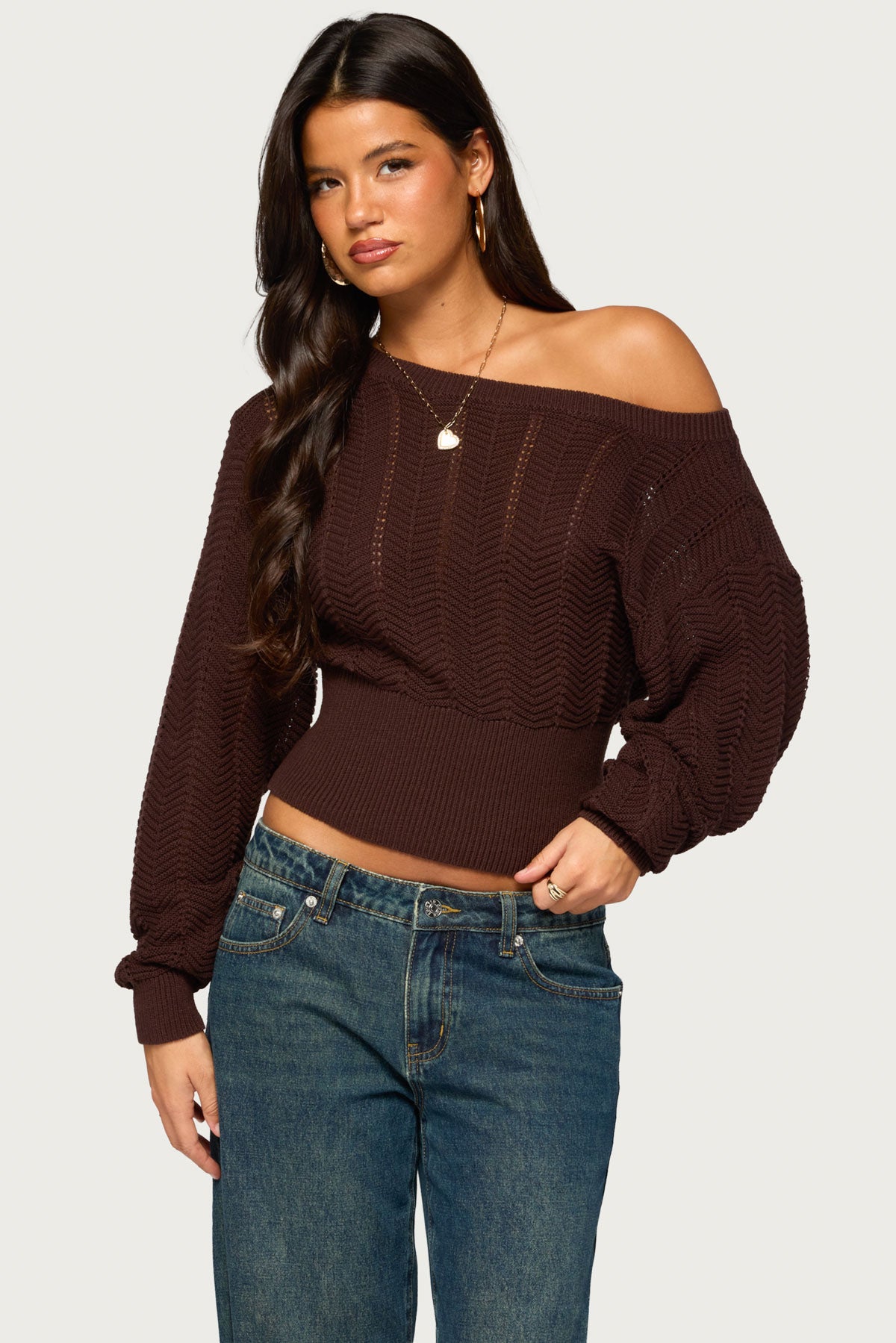 Grasey Off Shoulder Knit Sweater - BROWN