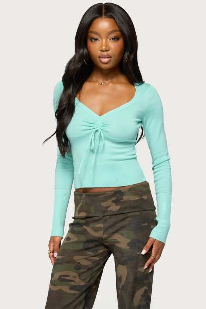 Phaye Drawstring Knit Sweater - LIGHT-BLUE
